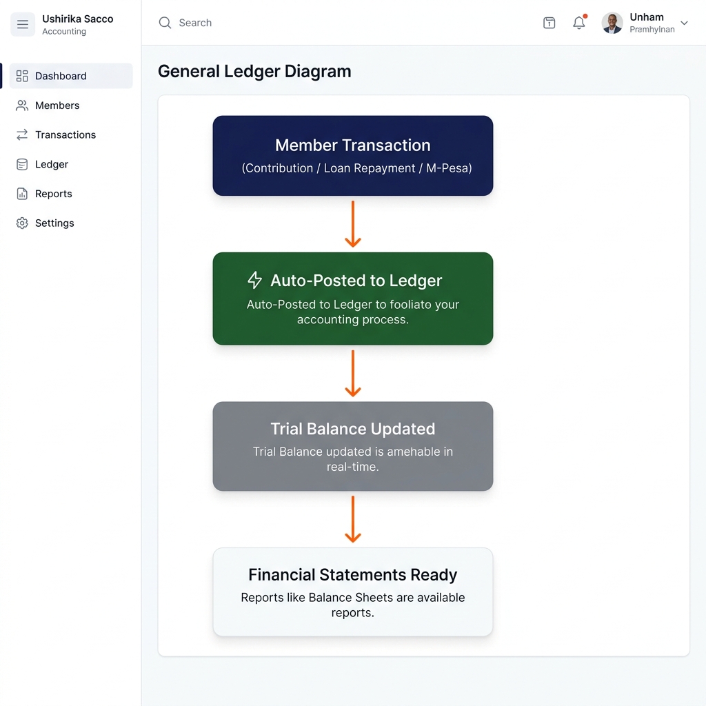 Automated general ledger workflow diagram for sacco accounting system showing transaction auto-posting flow