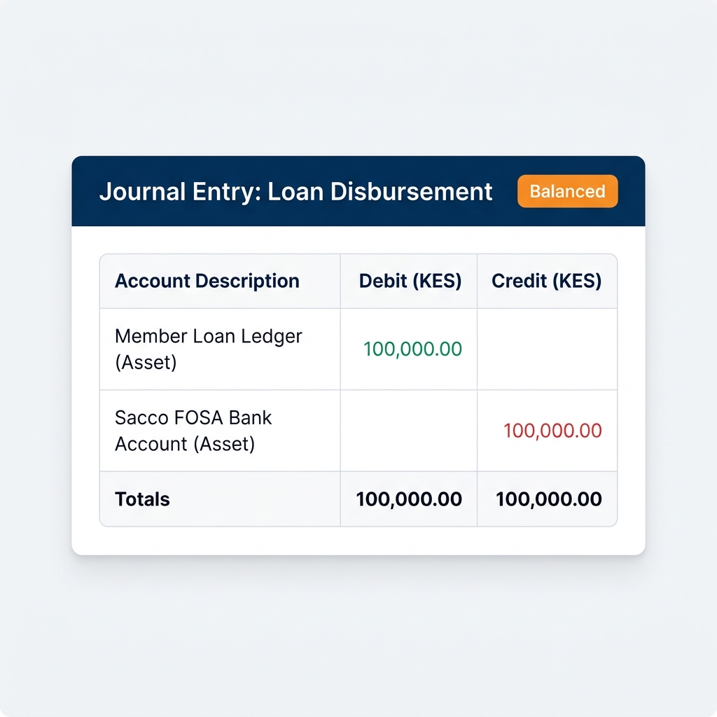 Double-entry bookkeeping journal entry showing balanced debit and credit columns in the sacco accounting software
