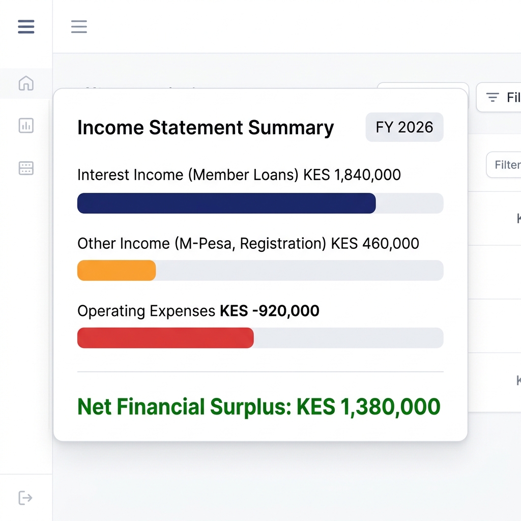 Income statement summary dashboard showing interest income, other income, expenses and net financial surplus for a Kenyan Sacco