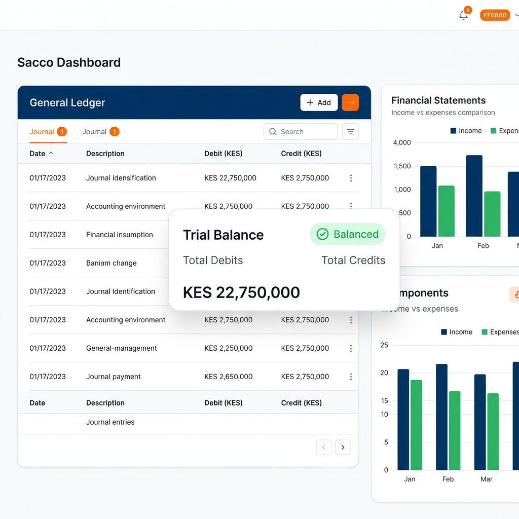 Sacco accounting software dashboard showing automated ledger entries, trial balance summary, and financial statement charts