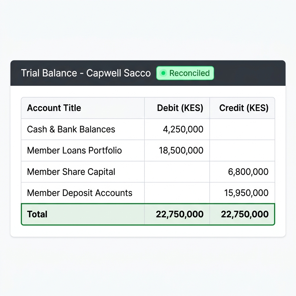 Trial balance report for Capwell Sacco showing balanced debit and credit totals in sacco accounting software