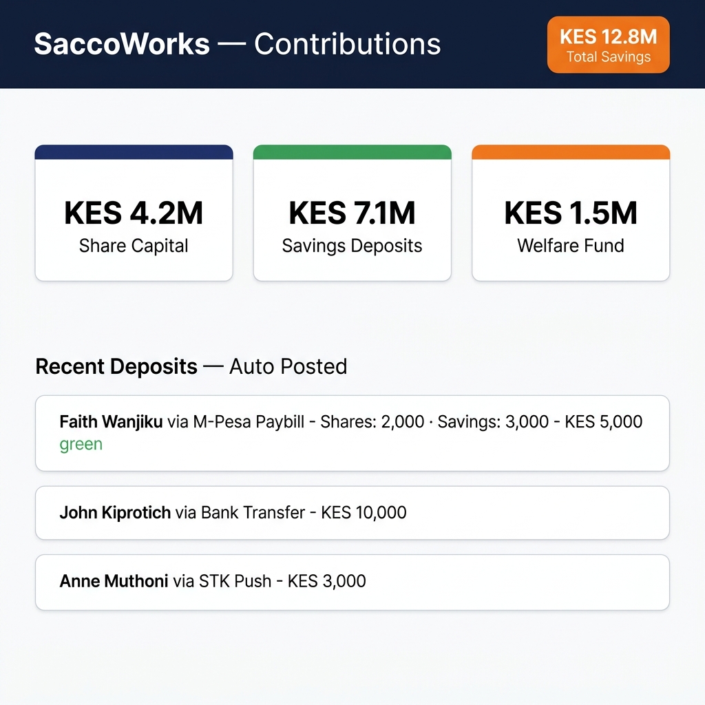 Sacco contribution tracking software dashboard showing KES 12.8M total savings with automated deposit feed