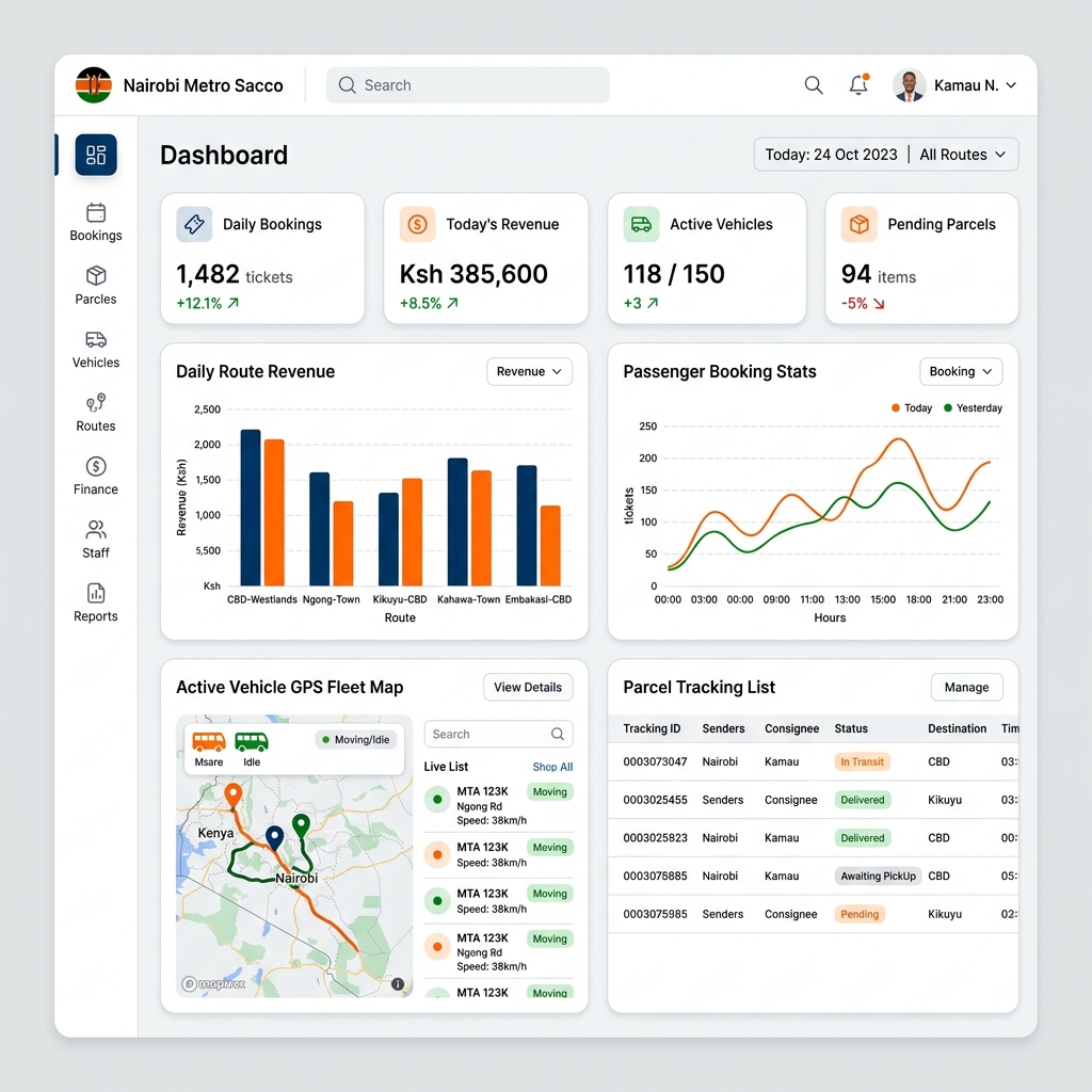 Matatu sacco management software web dashboard mockup showing active route stats, ticketing revenue logs, and vehicle crew assignments for a Kenyan PSV sacco.