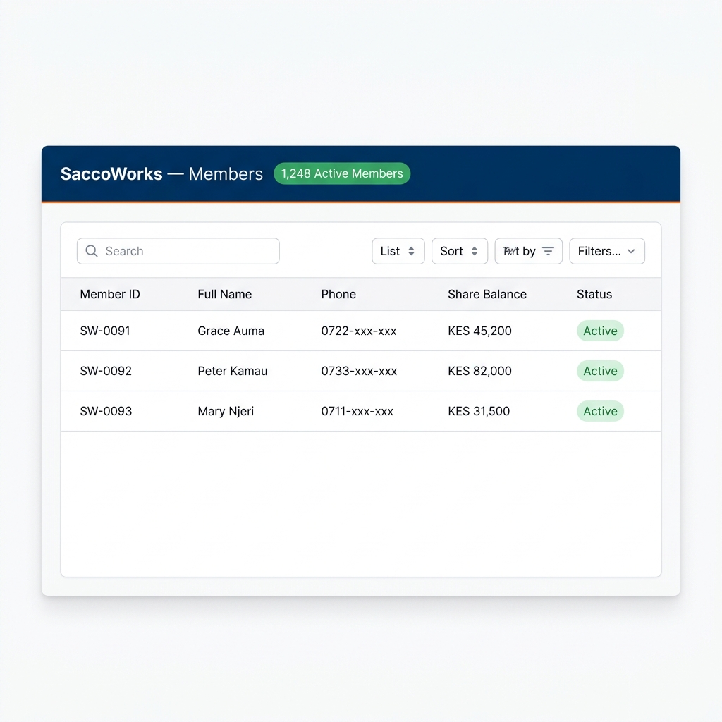 Sacco membership management software showing member registry with 1,248 active members, KYC status and member profile cards