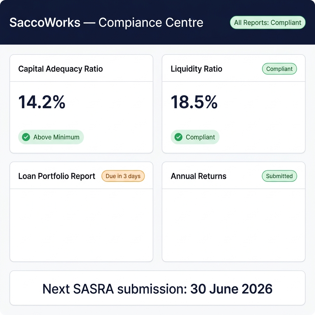 SASRA compliance software dashboard showing capital adequacy ratio, liquidity ratio and compliance report statuses for a Kenyan Sacco